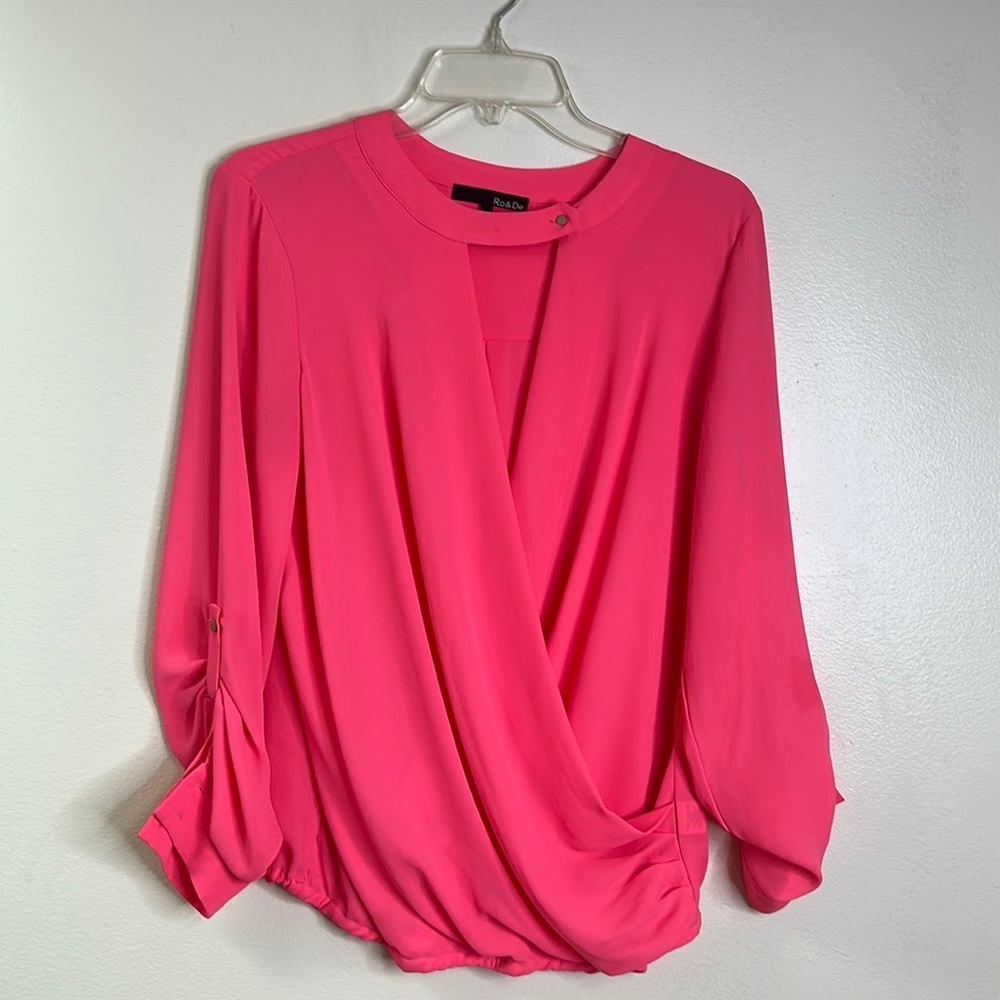 Coral, DMV satin long sleeve scrunch at the waist blouse
